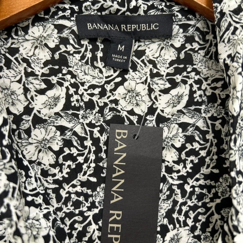 Banana Republic Black White Floral Tie Neck Blouse Long Sleeve Puff Top Medium